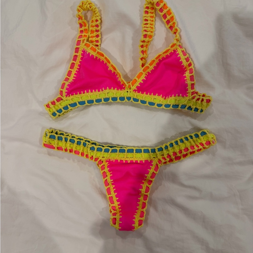 Hot Pink Crochet-Trim Bikini Set with Yellow Accents